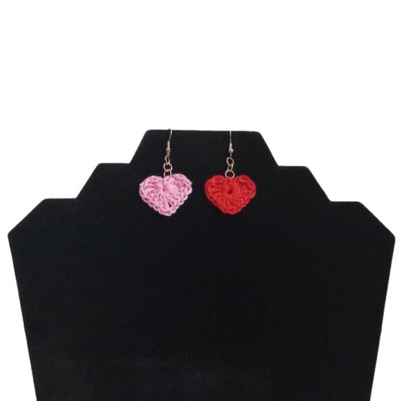 Mini Red and Pink Heart Shape Lightweight Crochet Dangle Style Handmade Earrings - Picture 1 of 8